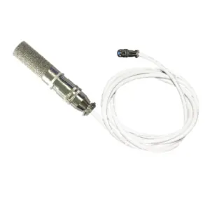 Microphone with a silver mesh head and a white cable attached for audio input.