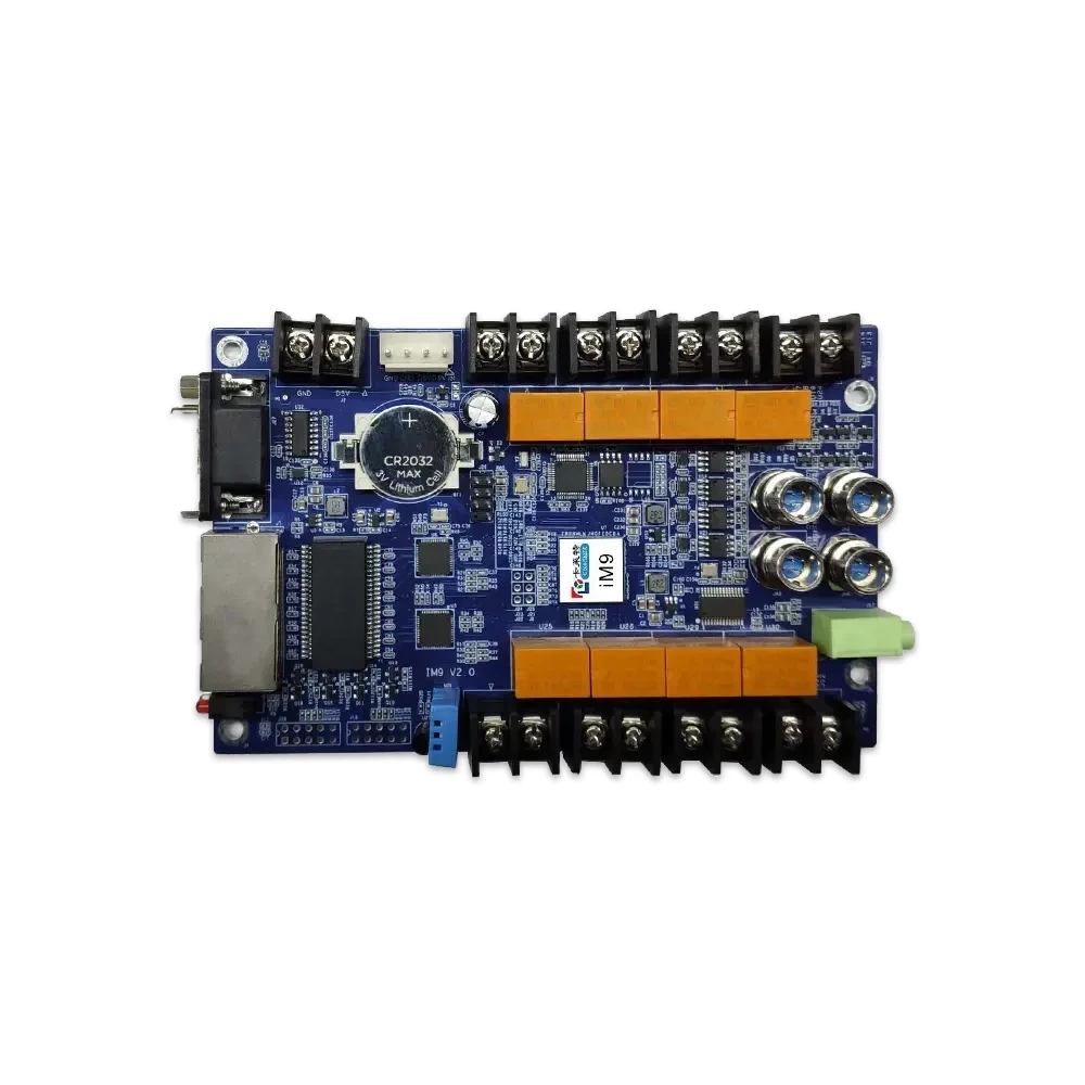 Top view of an electronic circuit board featuring various connectors and components.