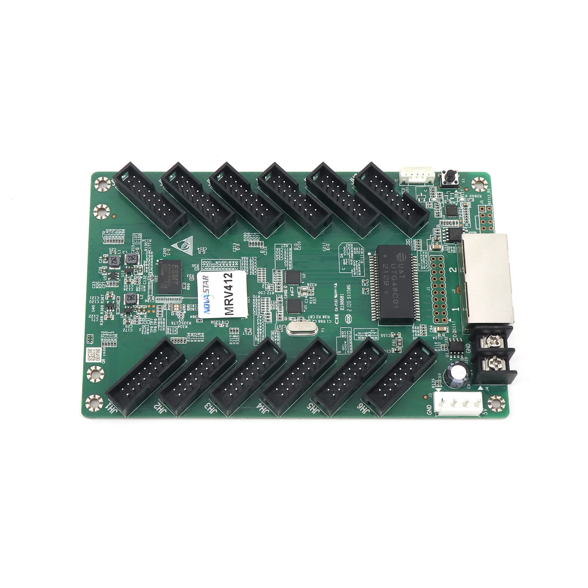 Green electronic circuit board featuring multiple connectors and a network port.
