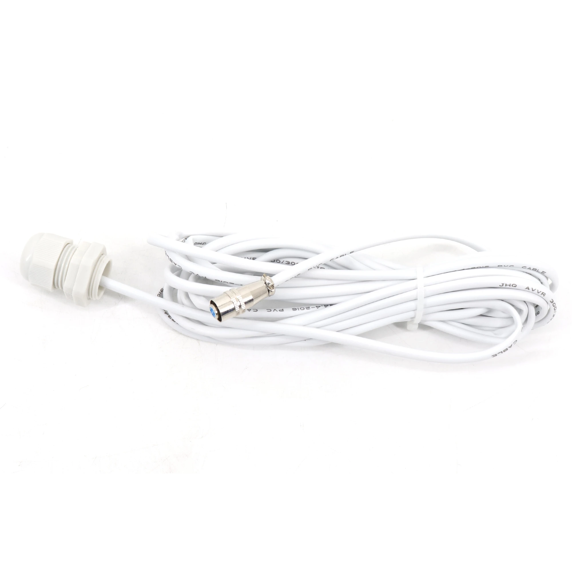 White coaxial cable with a connector on one end, coiled neatly for storage.