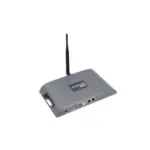Wireless router with a single antenna and multiple ports on the back for connectivity.