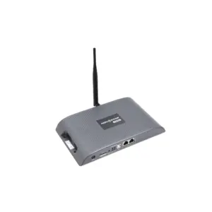 Wireless router with a single antenna and multiple ports on the back for connectivity.
