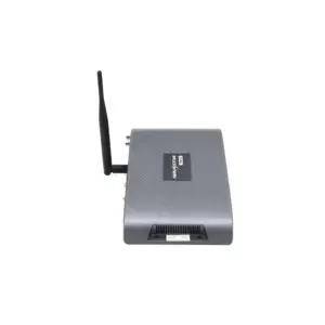 Gray wireless router with an external antenna and multiple ports on the back.