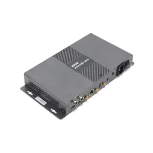 Network video recorder device with multiple input and output ports on the back panel.