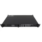 Black X2M video switcher with control buttons and display screen on the front panel.