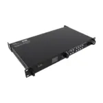 Black rackmount audio processor with multiple input and output controls and a display screen.