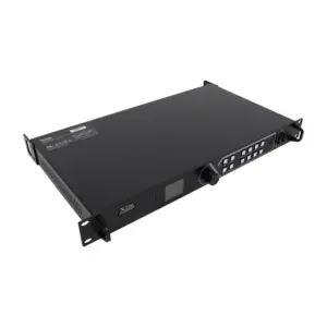 Black rackmount audio processor with multiple input and output controls and a display screen.