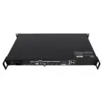Back view of a black rackmount device featuring various input and output ports.