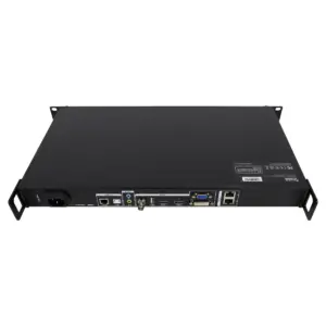 Back view of a black rackmount device featuring various input and output ports.