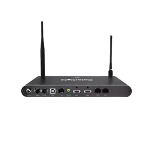Wireless router featuring multiple ports and antennas for connectivity.