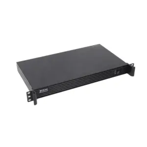 Black rackmount power supply unit with front panel controls and ventilation slots.