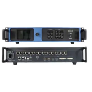 Front and back view of the XL16E video processing unit with control buttons and ports.