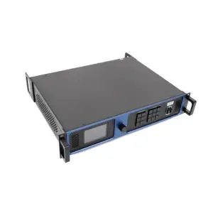 Black and blue rackmount audio equipment with front panel controls and display.