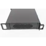Black rackmount server chassis with ventilation holes and handles on the sides.