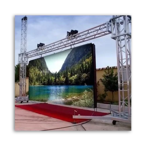 Large outdoor LED screen showing a scenic landscape with mountains and a lake.
