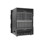 Black server rack featuring multiple storage drives and network ports in a vertical arrangement.