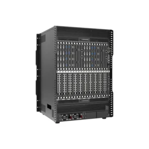 Black server rack featuring multiple storage drives and network ports in a vertical arrangement.