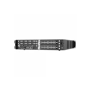 Network switch featuring multiple Ethernet ports and a rack-mountable design.