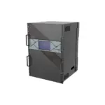 Industrial server rack featuring a touchscreen interface and dual handles for access.