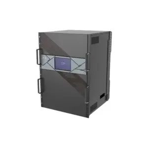 Industrial server rack featuring a touchscreen interface and dual handles for access.