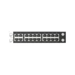 20-port Ethernet patch panel with labeled ports for network connections.