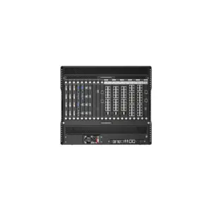 Black rackmount server featuring multiple slots and ports on the back panel.