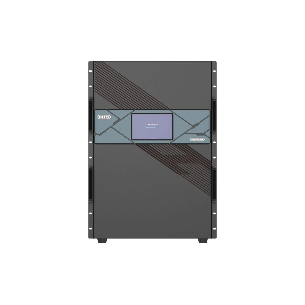 Front view of a black and gray server rack unit with a digital display.