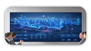 Digital visualization of a cityscape with data overlays on a large display screen.