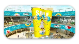 Large promotional display featuring a woman with balloons and the word 'SALE' in a shopping mall.