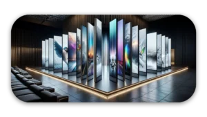 An arrangement of vertical screens displaying various digital artworks in a modern setting.