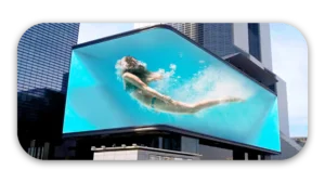 Digital billboard showing a woman swimming underwater with splashes around her.