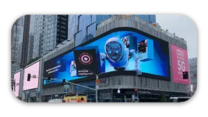 Large digital billboard featuring a robot and artificial intelligence graphics in an urban setting.