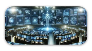 Futuristic control room featuring a holographic figure and multiple screens displaying data and graphics.