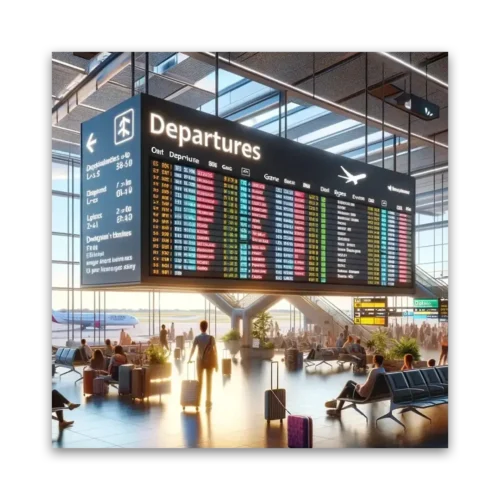 Digital departures board displaying flight information at an airport terminal.