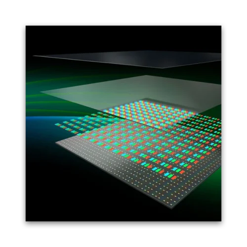 Illustration of layered display technology showing various colored pixels on a black substrate.