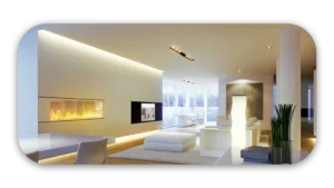 Bright modern living room featuring a fireplace, seating area, and large windows.