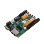 Electronic circuit board featuring multiple connectors, relays, and a network port.
