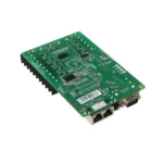 Green circuit board featuring various electronic components and connectors on one side.