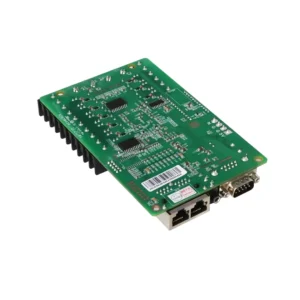 Green circuit board featuring various electronic components and connectors on one side.