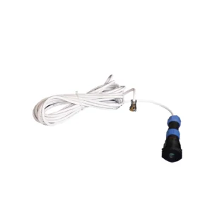 Coaxial cable with a black connector and a blue grip, coiled and ready for use.