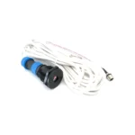 Black push button switch with blue accents and attached wiring for electrical connections.