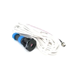 Black push button switch with blue accents and attached wiring for electrical connections.
