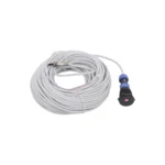 White electrical extension cord coiled with a connector at one end.