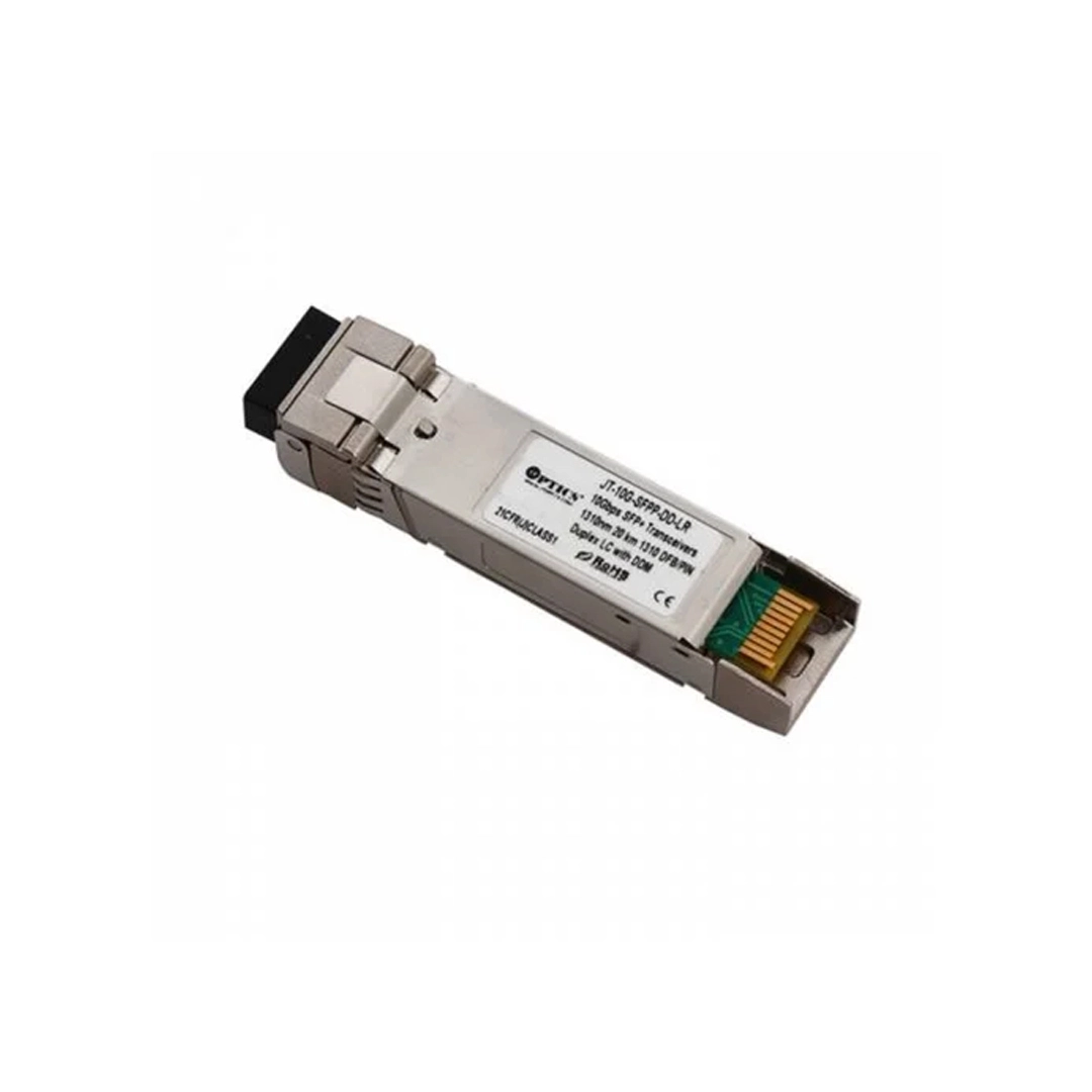 SFP transceiver module with metal casing and connector for network devices.