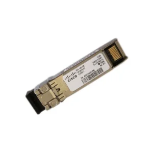 Cisco SFP-10G-SR transceiver module with a metal casing and label on one side.