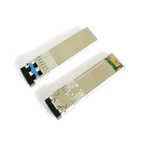 Two SFP optical transceiver modules with metal casing and connectors visible.