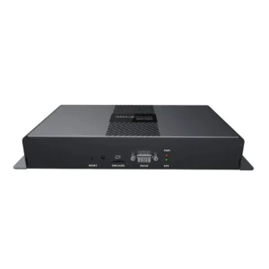 Black network device featuring various ports and LED indicators on the rear panel.