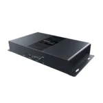 Black network switch device with multiple ports and indicator lights on the front panel.