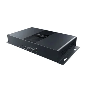 Black network switch device with multiple ports and indicator lights on the front panel.