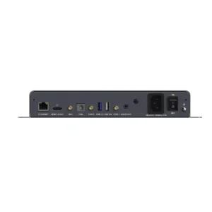 Back panel of a multimedia device featuring various ports including HDMI, USB, and Ethernet connections.